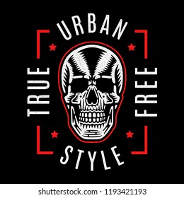 Vintage white skull. Cool print for t-shirt. Bizarre dead head. Retro design. Modern fashion. Urban style. True. Free.