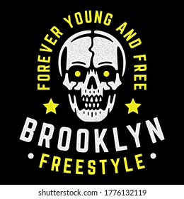 Vintage white skull. Retro print for t-shirt. Brooklyn freestyle.