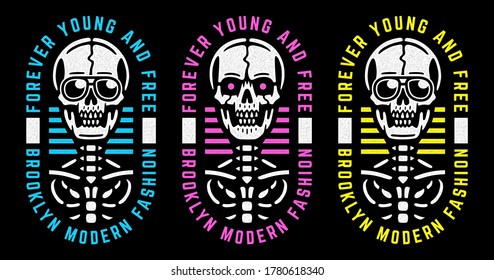 Vintage white skull. Retro print for t-shirt. Brooklyn modern fashion.