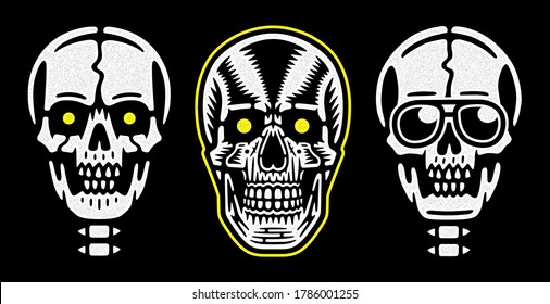 Vintage white skull. Retro print for t-shirt. Set of skulls.