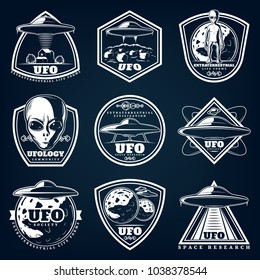 Vintage white ufology labels set with inscriptions ufo unknown planets extraterrestrials on blue background isolated vector illustration