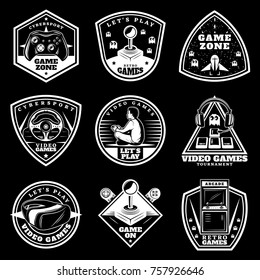 Vintage white video games labels set with player electronic gadgets and devices on black background isolated vector illustration