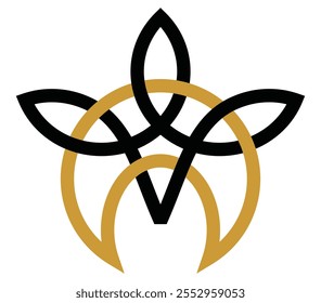 Antiguas Símbolo Wiccan, elegante signo de luna y hojas. Emblema lineal en motivo místico mágico. Icono de estilo celta para diseño de logotipo, signo de marca, etc. Ilustración vectorial.