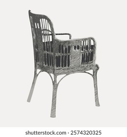 Vintage wicker chair with a rustic design. The chair features a classic wicker pattern, perfect for adding a touch of vintage charm to any space. Vintage art drawing, isolated vector element.