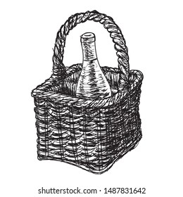 Vintage wicker picnic hamper bottle of wine on an isolated white layer. Sketch vector illustration eps 10