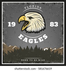 Vintage wild animal poster with eagle head and inscription on forest and mountain landscape vector illustration