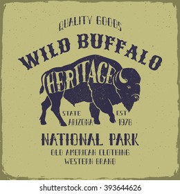 Vintage wild Buffalo typography design. Tee or apparel print design with grunge effect.