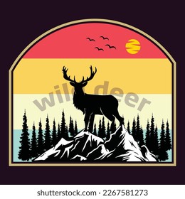 Vintage wild deer and mountain logo design with pine forest vector icon symbol illustration design silhouette