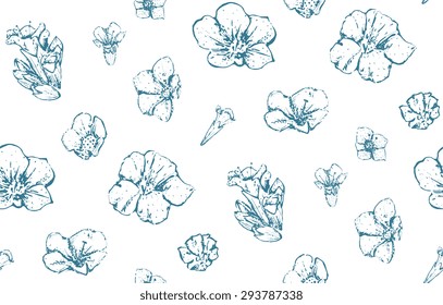 Vintage Wild Flowers Seamless Pattern Scattered. Floral aged hand drawn background wallpaper illustration. 