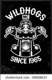 Vintage Wild Hog Motorcycle Club Mascot In Grunge Texture Style