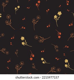 Vintage wild meadow flower seamless vector pattern background. Scattered yellow red flowers on black backdrop. Line art outline silhouette botanical design. Garden floral maximalist cottagecore