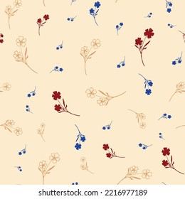 Vintage wild meadow flower seamless vector pattern background. Scattered yellow red flowers on beige backdrop. Line art outline silhouette botanical design. Garden floral maximalist cottagecore
