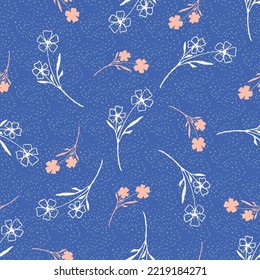 Vintage wild meadow flower seamless vector pattern background. Scattered pink white flowers on dotted blue backdrop. Line art outline silhouette botanical design. Garden floral cottagecore aesthetic.