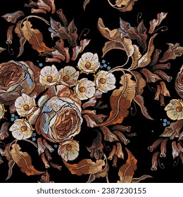 Vintage wild pink roses and white flowers seamless pattern vector. Fashionable template for clothes. Embroidery. Summer garden floral art 