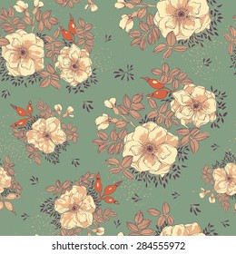 Vintage wild roses on deep green background - vector seamless pattern