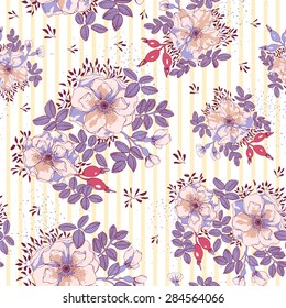 Vintage wild roses on striped background - vector seamless pattern