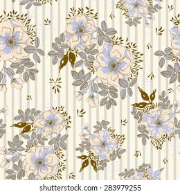 Vintage wild roses on white striped background - vector seamless pattern