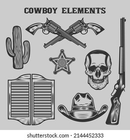 Vintage Wild west cowboy elements collection set