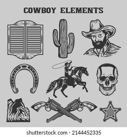 Conjunto de colección de elementos vintage Wild West cowboy