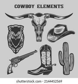 Vintage Wild west cowboy elements collection set
