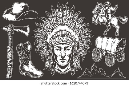 Vintage wild west elements collection with cowboy riding horse hat boot tomahawk old cart desert mountains silhouettes indian chief head with feathers headwear isolated vector illustration