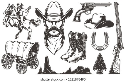 Vintage Wild West Elements Set With Cowboy Head Hat Boots Flint Arrowhead Old Wagon Rifle Gun Horseshoe Rider Riding Horse Desert Mountains Landscape Isolated Vector Illustration