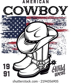 Vintage wild west emblem with cowboy hat and boots vector illustration. American flag wore texture in the background design for t shirt.