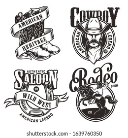 Vintage wild west emblems with cowboy head in hat and scarf horseshoe ribbon around cowboy boots rider and horse in monochrome style isolated vector illustration