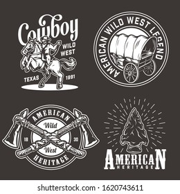 Vintage wild west emblems set with cowboy riding horse american indian flint arrowhead crossed tomahawks old wagon isolated vector illustration