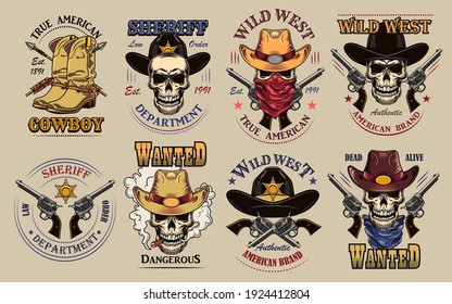 Vintage wild west flat sign set. Colorful saloon or rodeo emblems and labels with cowboy skulls, guns and boots vector illustration collection. Wanted placard and sheriff department design concept