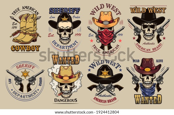 Vintage wild west flat sign set. Colorful saloon\
or rodeo emblems and labels with cowboy skulls, guns and boots\
vector illustration collection. Wanted placard and sheriff\
department design\
concept