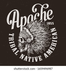 Vintage wild west label with native american indian chief skull in feathers headdress in monochrome style isolated vector illustration