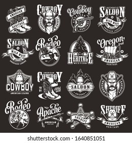 Vintage Wild West Labels Set With Cowboy Boots Hat Sheriff Badge Star Gun Horseshoe Flint Arrowhead Old Wagon Saloon Signboard And Swinging Doors Smoking Pipes Isolated Vector Illustration