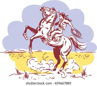 Vintage Wild West line drawing of a Cowgirl riding a Wild Horse at a Rodeo