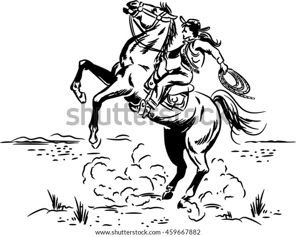 Vintage Wild West line drawing of a Cowgirl riding\
a Wild Horse at a\
Rodeo