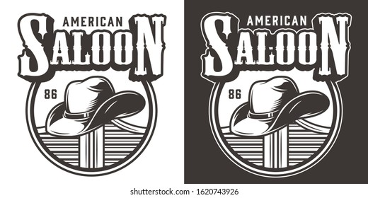 Vintage wild west logo with cowboy hat lying on saloon swinging doors isolated vector illustration