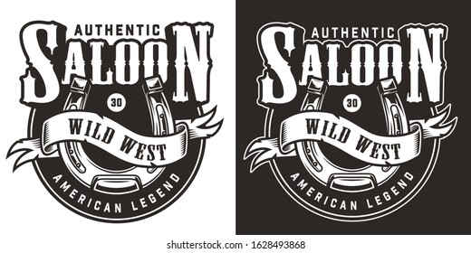Vintage wild west logo with inscriptions and ribbon around steel horseshoe in monochrome style isolated vector illustration