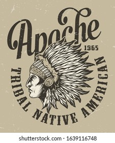 Vintage wild west monochrome badge with inscriptions and native american indian chief head in feathers headwear isolated vector illustration