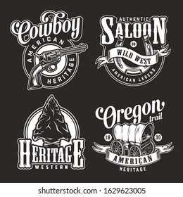 Vintage Wild West Monochrome Logos With Gun Steel Horseshoe Flint Arrowhead And Old Cart Isolated Vector Illustration