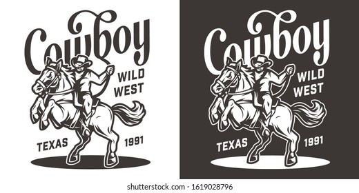 Vintage wild west monochrome print with cowboy riding horse isolated vector illustration