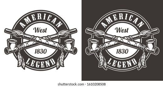 Vintage wild west round badge with crossed indian smoking pipes isolated vector illustration