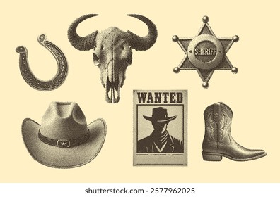 vintage Wild West set, horseshoe, cowboy hat, wanted poster, sheriff star badge, boot, buffalo skull, retro halftone photocopy style illustration