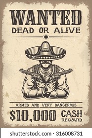 Vintage wild west wanted poster with old paper texture background