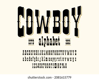 Vintage wild west western alphabet design with uppercase, lowercase, numbers and symbols