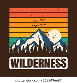 Vintage Wilderness Landscape Graphic Design. A retro inspired graphic design featuring a stylized mountain range scene complete with a vibrant sunset sunrise birds in flight