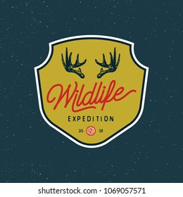 vintage wilderness logo. hand drawn retro styled outdoor adventure emblem, badge, design elements, logotype template. vector illustration