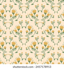 Vintage wildflowers with leaves seamless pattern. Floral endless background. Flower and foliage loop tiled ornament Summer botanic repeat cover. Vector flat hand drawn illustration.