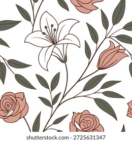 Patrón de azulejos sin fisuras de flores silvestres de Antiguas con ilustraciones de rosas y lirios afligidos y paleta de colores apagados ideal para el concepto de cocinas retro como ilustraciones de rosas y lirios afligidos con colores apagados crean un patrón de azulejos sin fisuras vintage ideal para cocinas retro en Foto de archivo Concepto y espacio vacío en el lado izquierdo, sin texto --ar 7:2 --tile