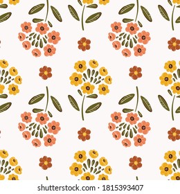 Vintage Wildflowers. Vector Floral Seamless Pattern. Beautiful Flowers and Leaves Autumn Background. Ditsy Floral Print