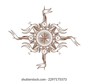 Rosa de viento vintage, brújula medieval con cintas, símbolo marino vectorial de la vela o del mapa pirata. Vintage antigua brújula de rocas de viento con flechas de grabado de madera y cintas para el norte, el sur, el este o el oeste